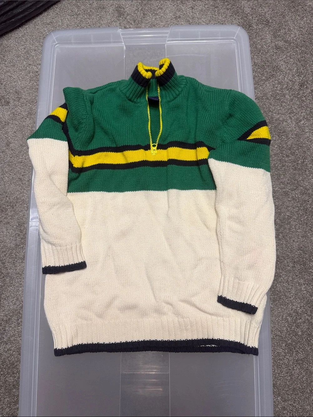 Gap kids L Green and Cream Quarter-Zip Stripe Knit Sweater